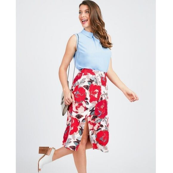 Cupcakes & Cashmere Side Slit Floral Red White Black Skirt Medium - Picture 1 of 5